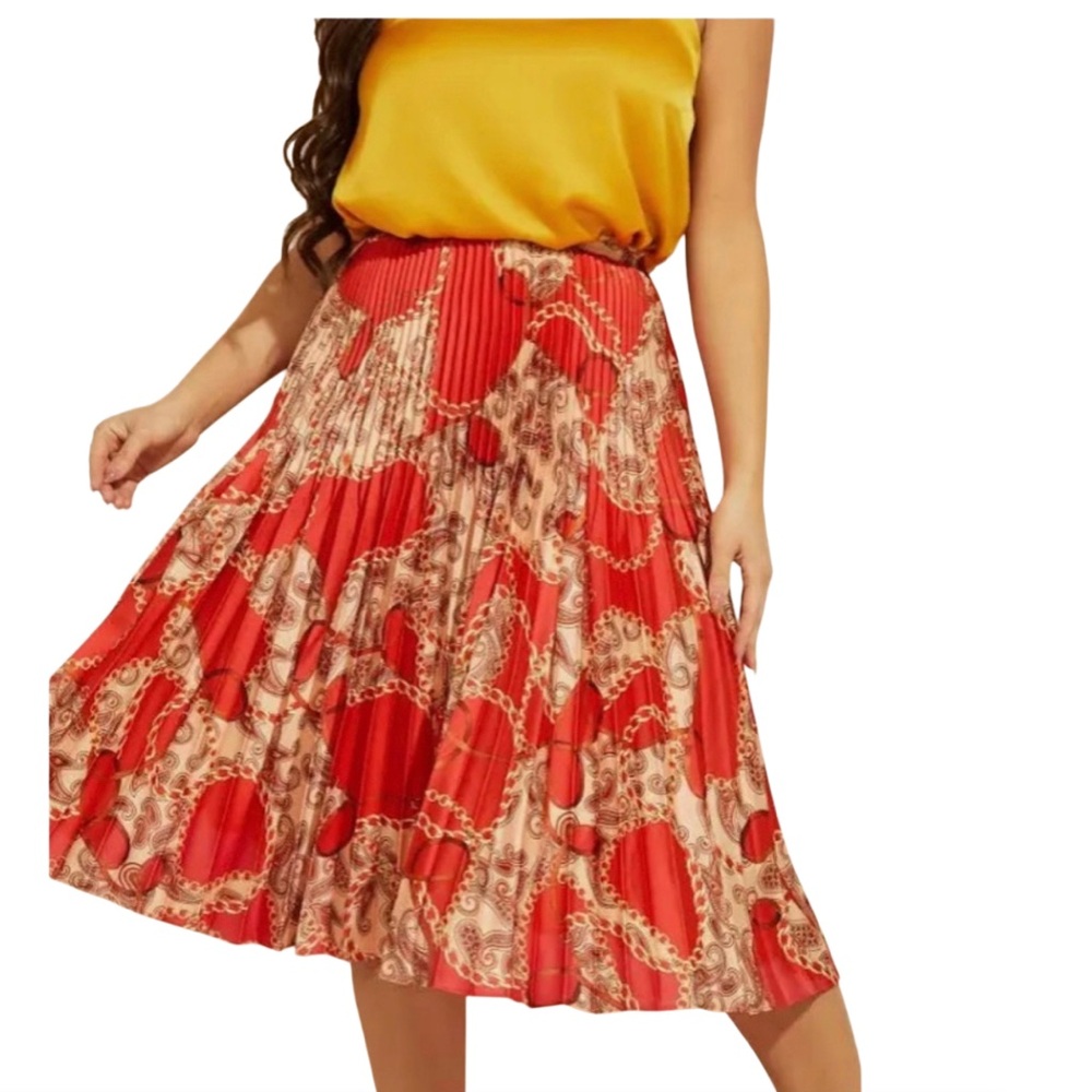 Guess by Marciano Red Cream‎ Pleated Midi Skirt